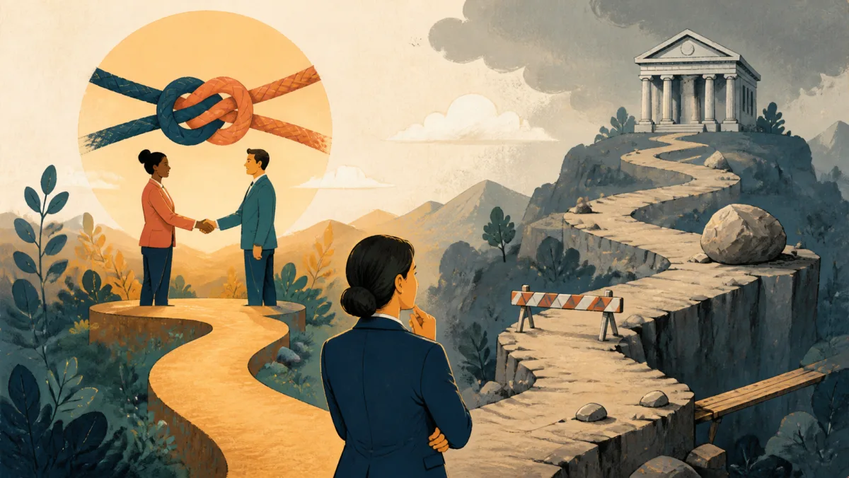 Professional comparing a tied agreement with a legal path that still faces barriers to enforcement