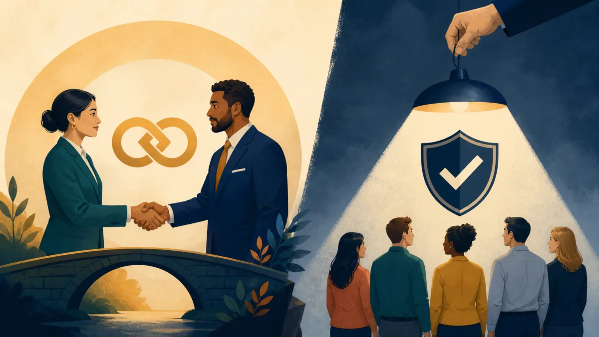 Professionals contrasting a mutually binding handshake with a mandatory rule applied to a group