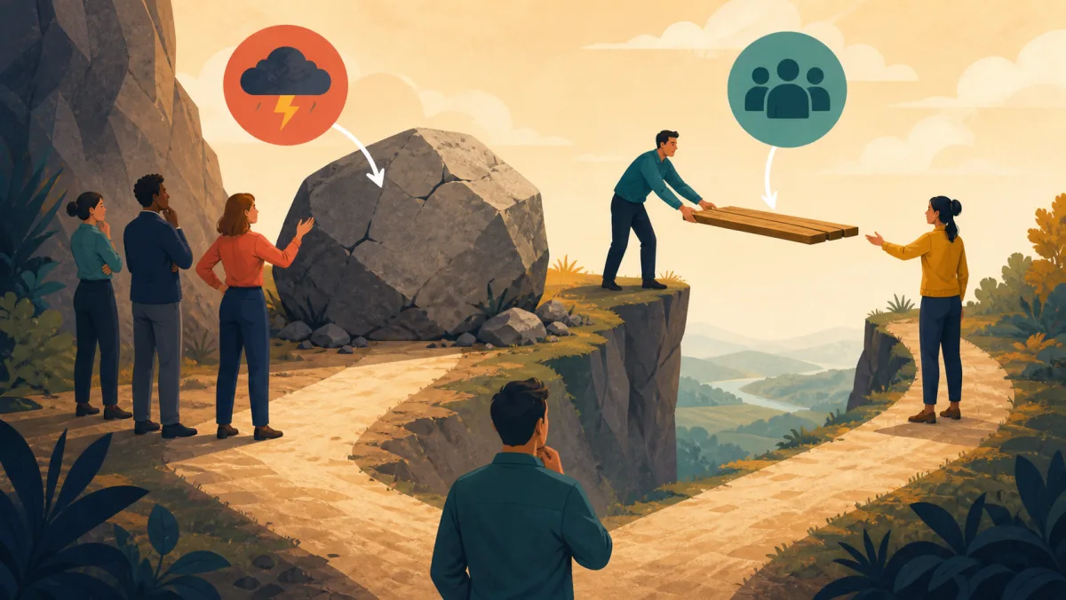 Team distinguishing an external obstacle blocking their path from a dependency bridge another group must provide
