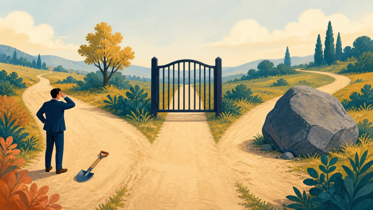 Professional choosing among a missing tool, a closed gate, and a boulder on three branching paths