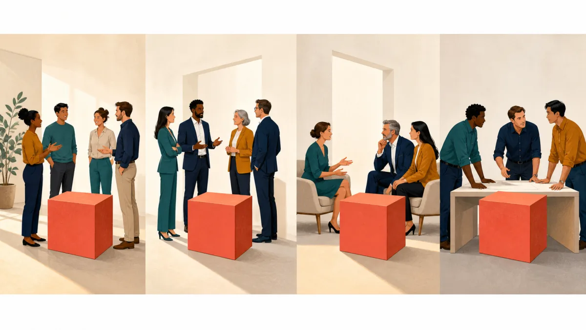 Four workplace conversations centered on the same coral barrier cube