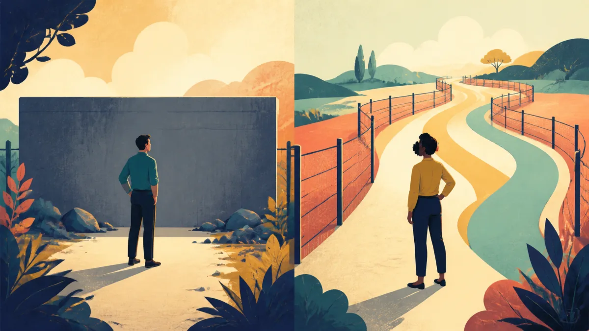 Professionals comparing a wall that stops one path with fences that narrow the available routes