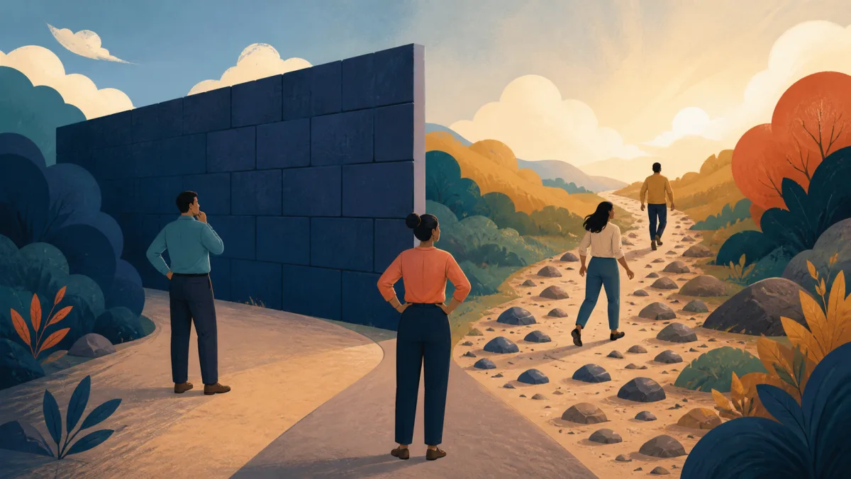 Professionals comparing an impassable wall with a rocky path that merely slows movement