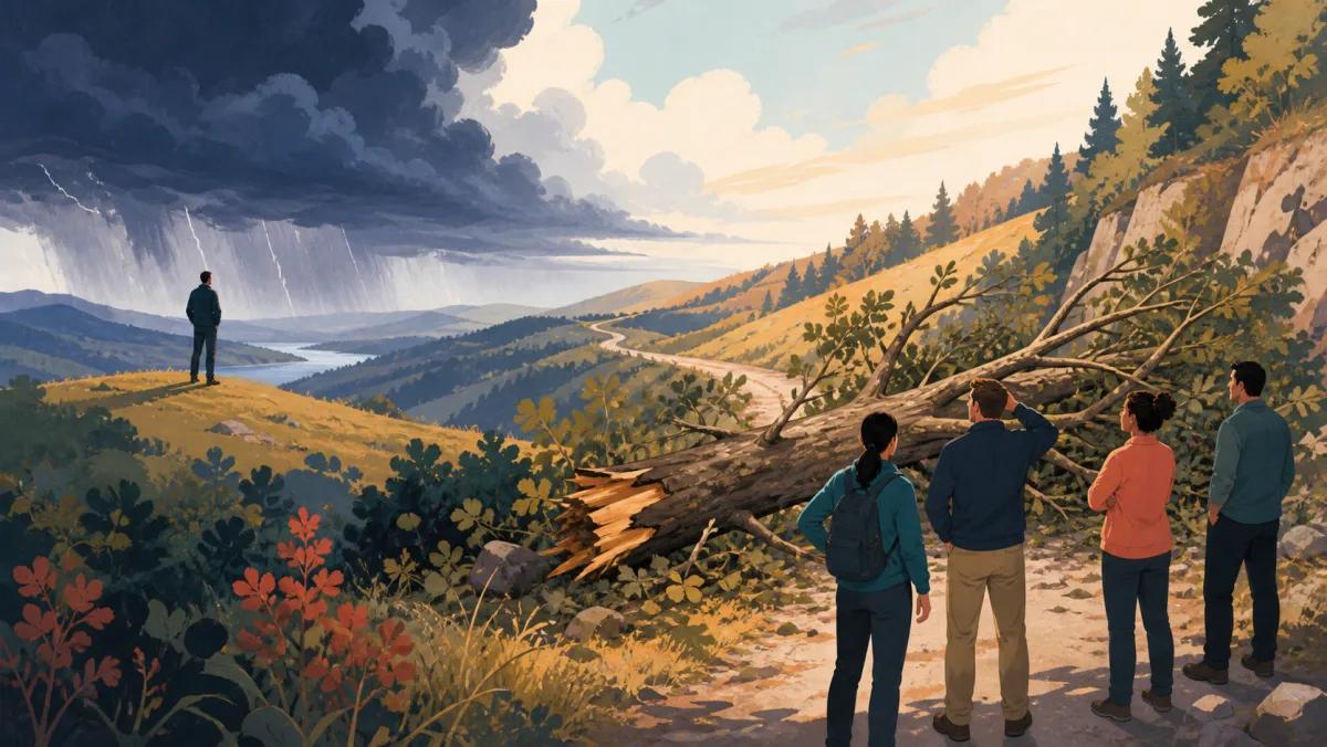Team stopped by a fallen tree while a distant lookout watches a future storm