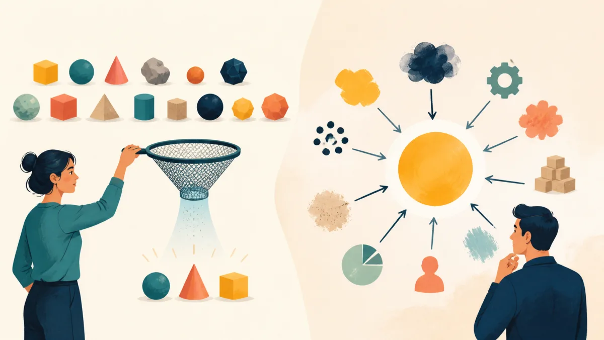 A lineup narrows to three shapes while many causes converge on one central form