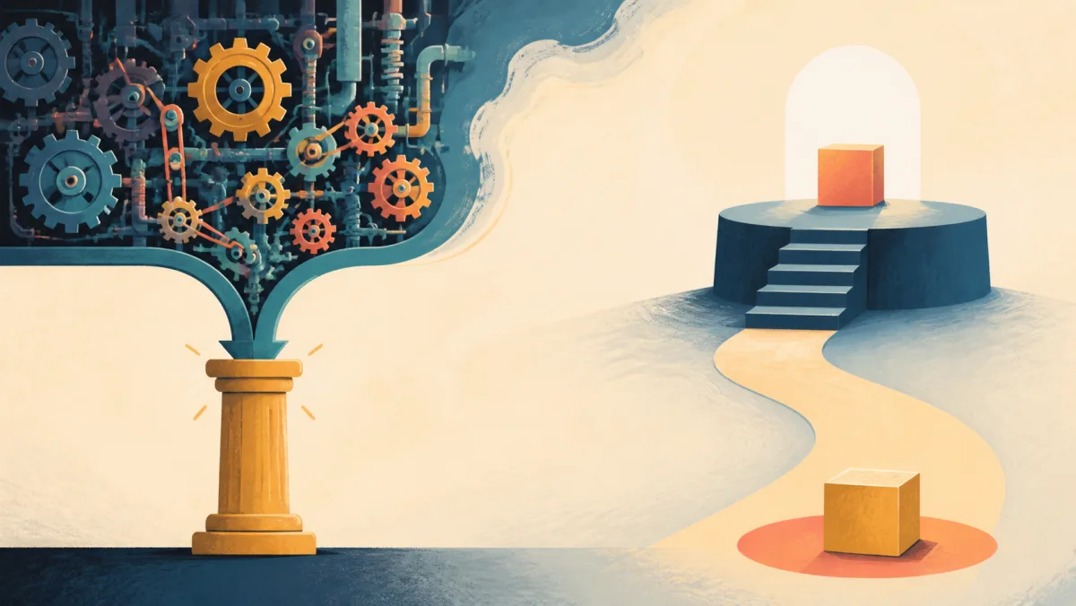 A complex mechanism condenses to one support while a separate path leads from a conclusion to action