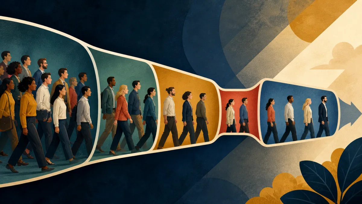 People moving through a sales funnel where one narrow stage limits downstream flow