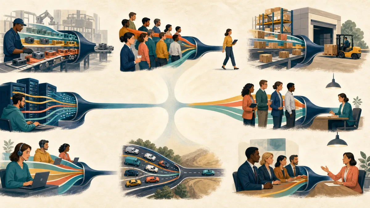 Connected workplace scenes showing narrow flow points in manufacturing, staffing, logistics, computing, traffic, and approvals