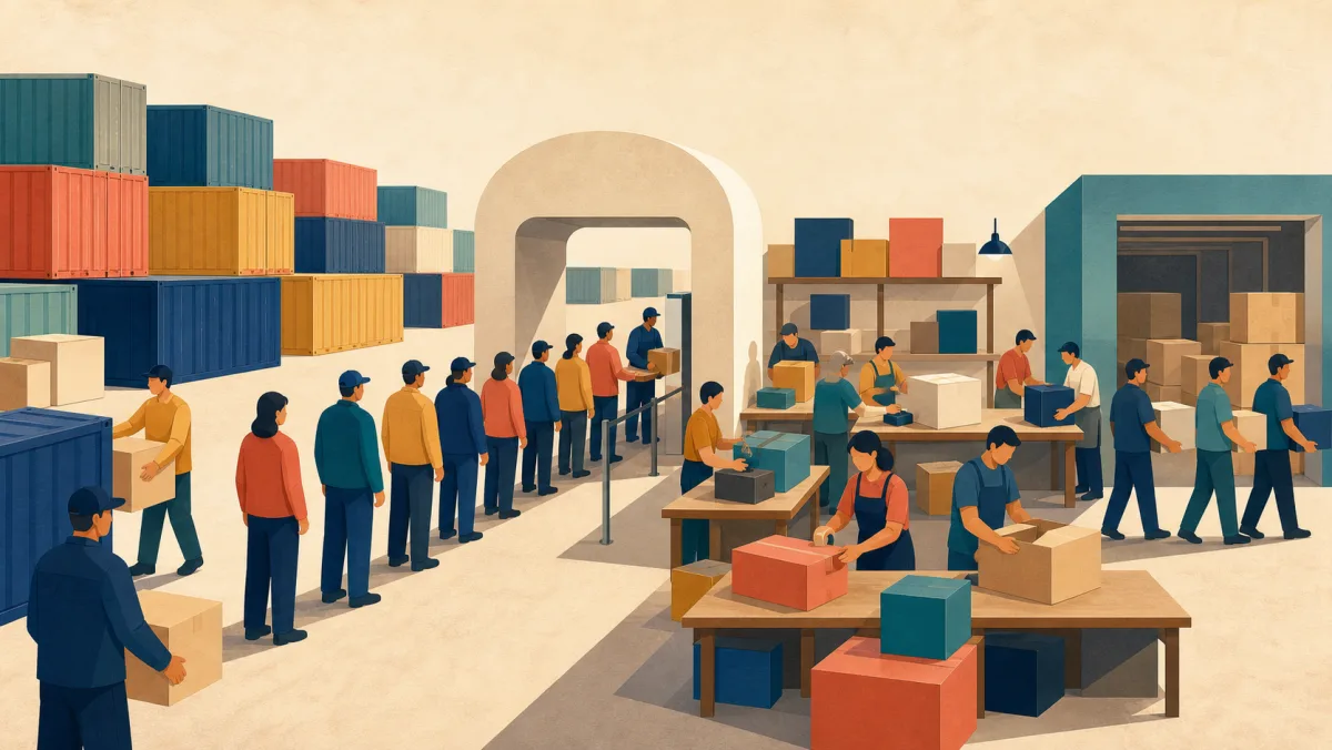 Supply chain queue narrowing at a customs arch before moving through packaging and warehousing