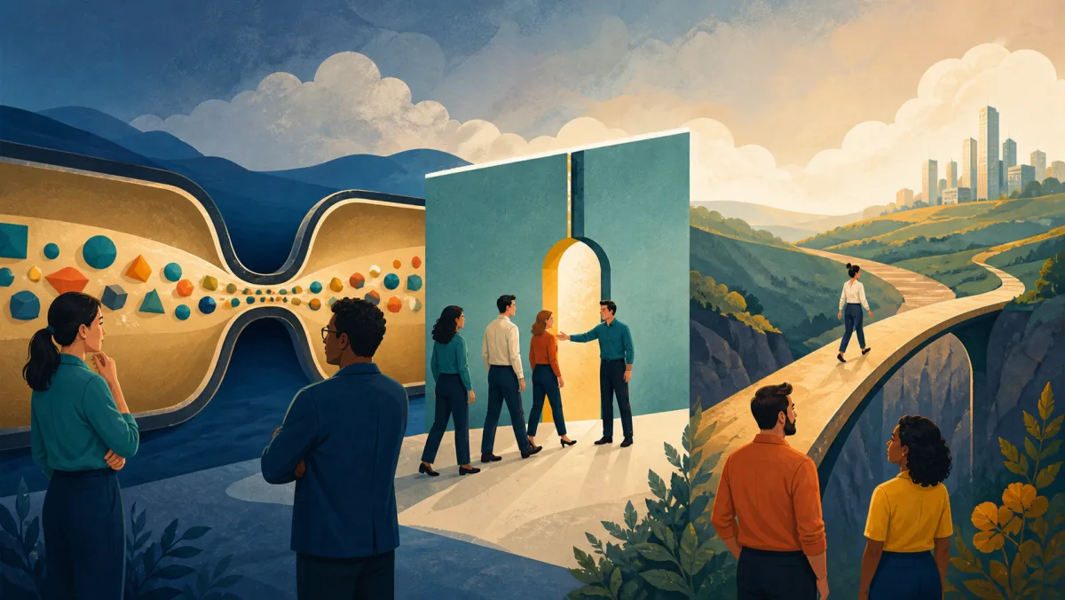 Professionals comparing a narrow point inside a process, at a stage, and on a route toward a destination