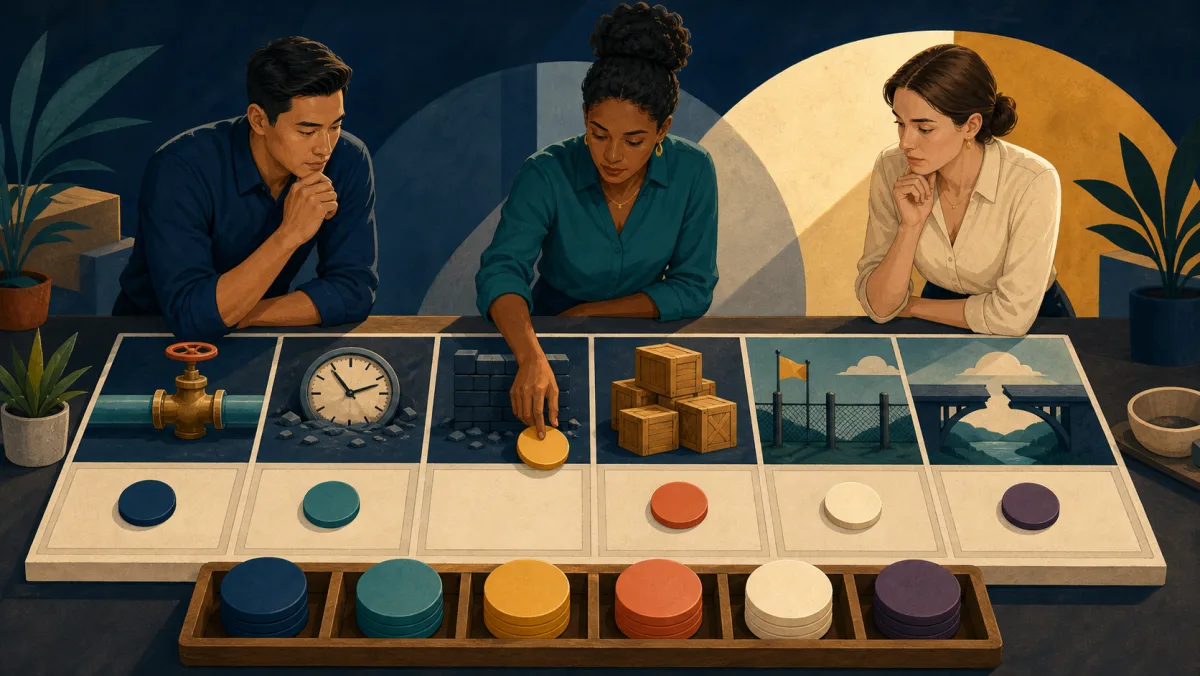 Professionals sorting six operational conditions using blank colored tokens