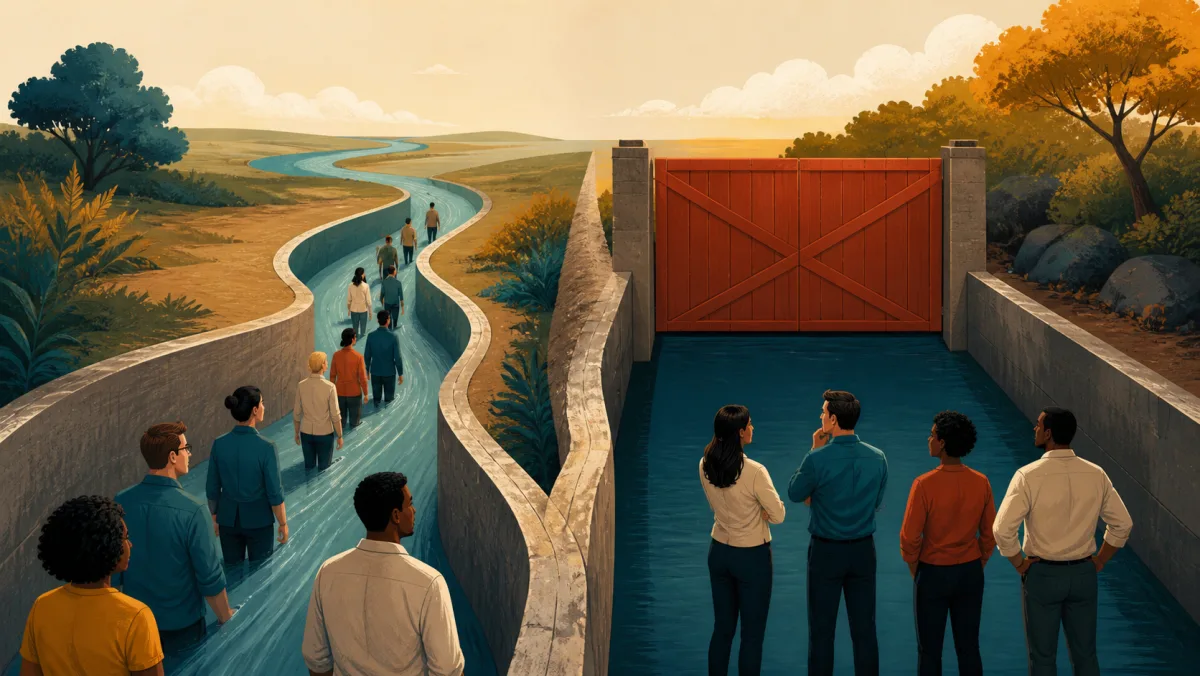 Professionals comparing a slow narrow channel with a completely closed gate