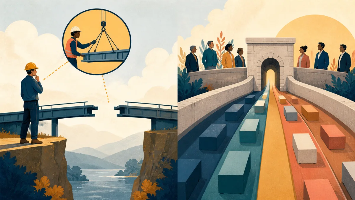 Professional comparing a missing planned bridge segment with a narrow gateway that limits every downstream lane