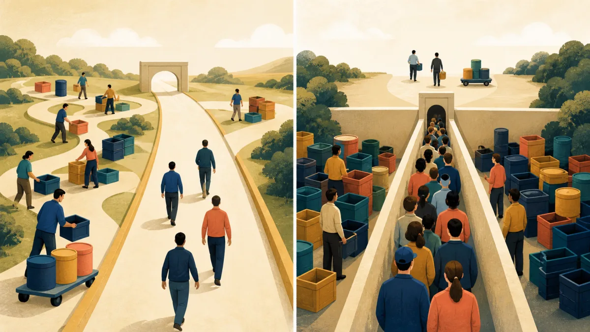 Administrative side paths consuming people and containers beside a separate narrow checkpoint with a long queue