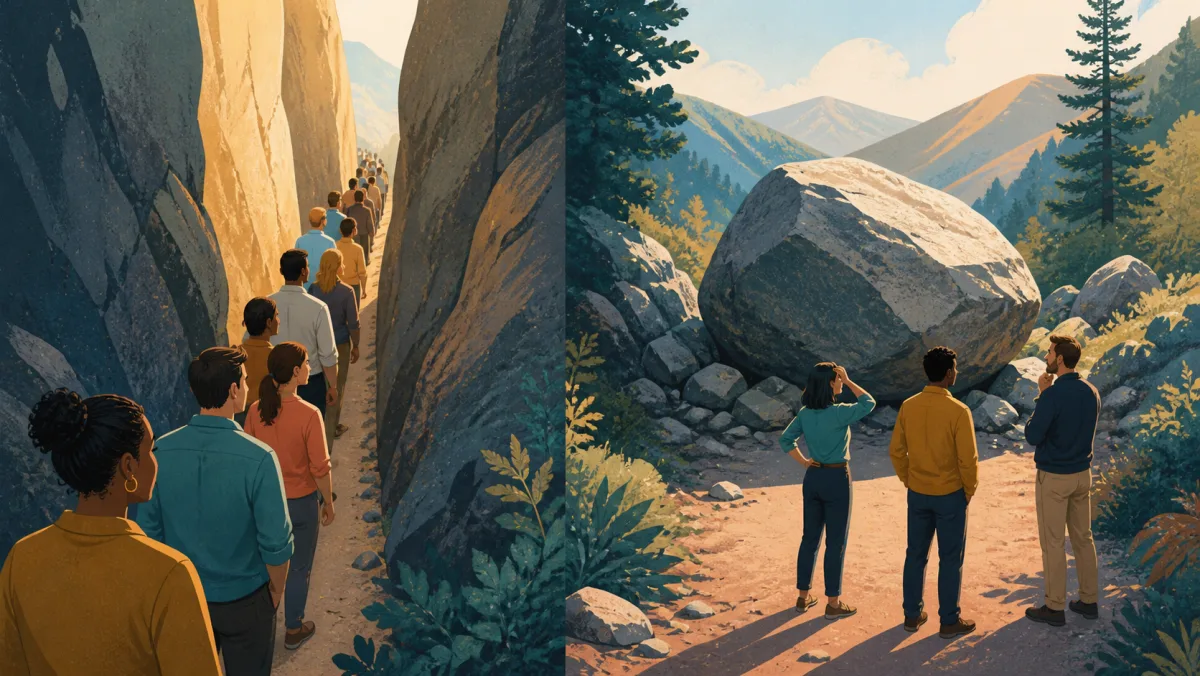 People moving slowly through a narrow canyon beside a path completely blocked by a boulder
