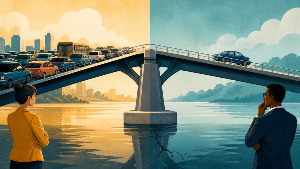 Traffic crowding around one bridge support while a reflected crack reveals its total failure risk