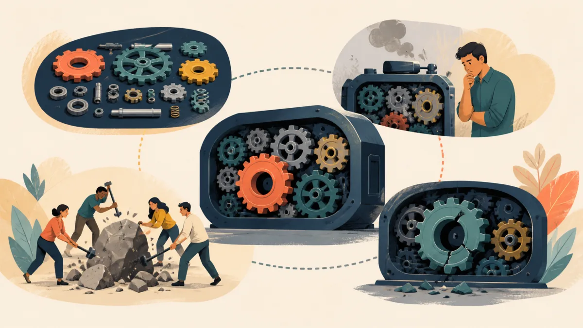A system appears as separated parts, a failed machine, and a team dismantling an obstacle