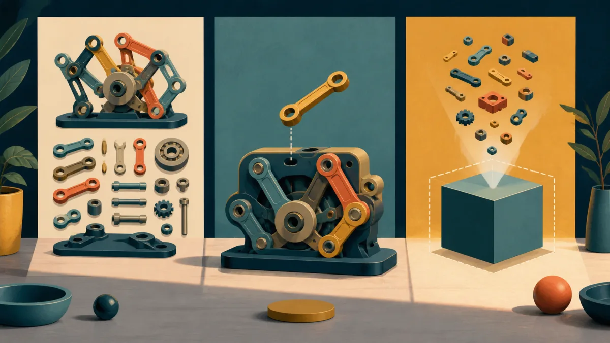 A mechanism is separated into parts, one component is lifted out, and many pieces consolidate into a cube