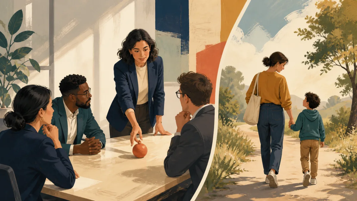 Professional introducing an object into a meeting beside an adult guiding a child along a path