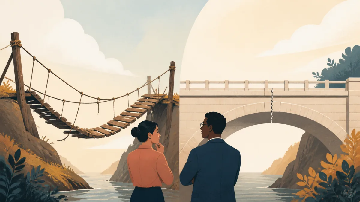 Visibly sagging rope bridge beside a solid stone bridge with one hidden fracture