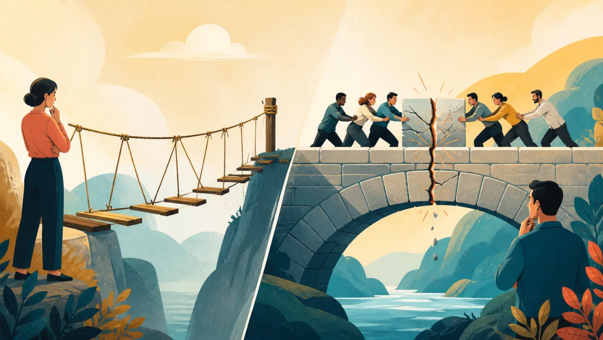 Thin sparsely supported rope bridge beside a substantial bridge breaking at one concealed joint