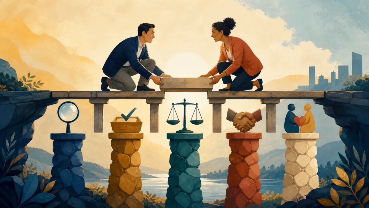 Two professionals join opposite sides of a sturdy bridge supported by clear handoffs