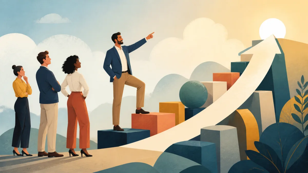 A professional points upward beside colleagues and a rising path built from abstract assets