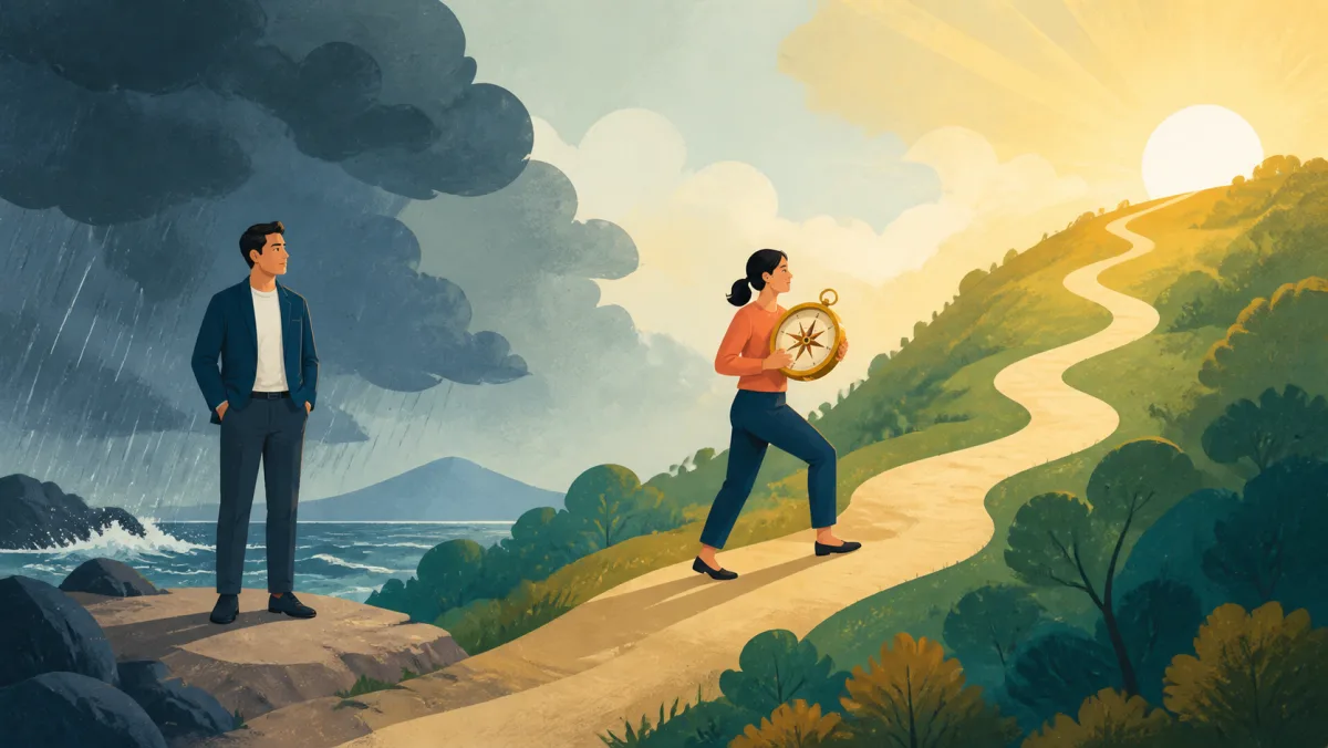 One professional remains calm in stormy weather while another follows a bright uphill path