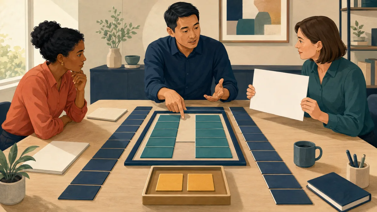 An accountant explains aligned ledger tiles, an open gap, and two provisional pieces awaiting review