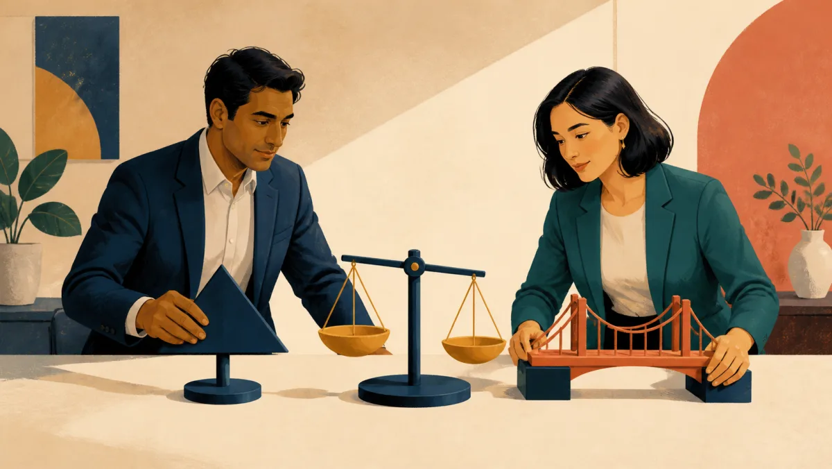 A consultant and client compare a directional pointer, balance, and bridge model at a table
