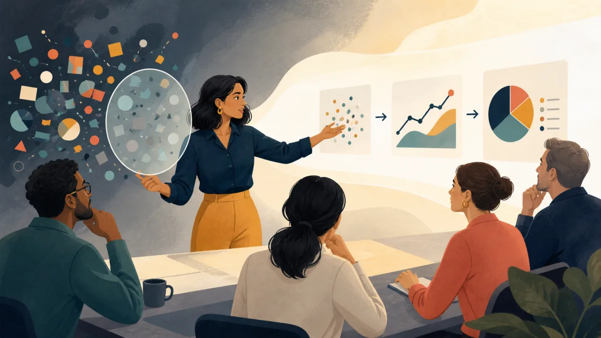 An analyst guides colleagues through layered data shapes toward a clear finding