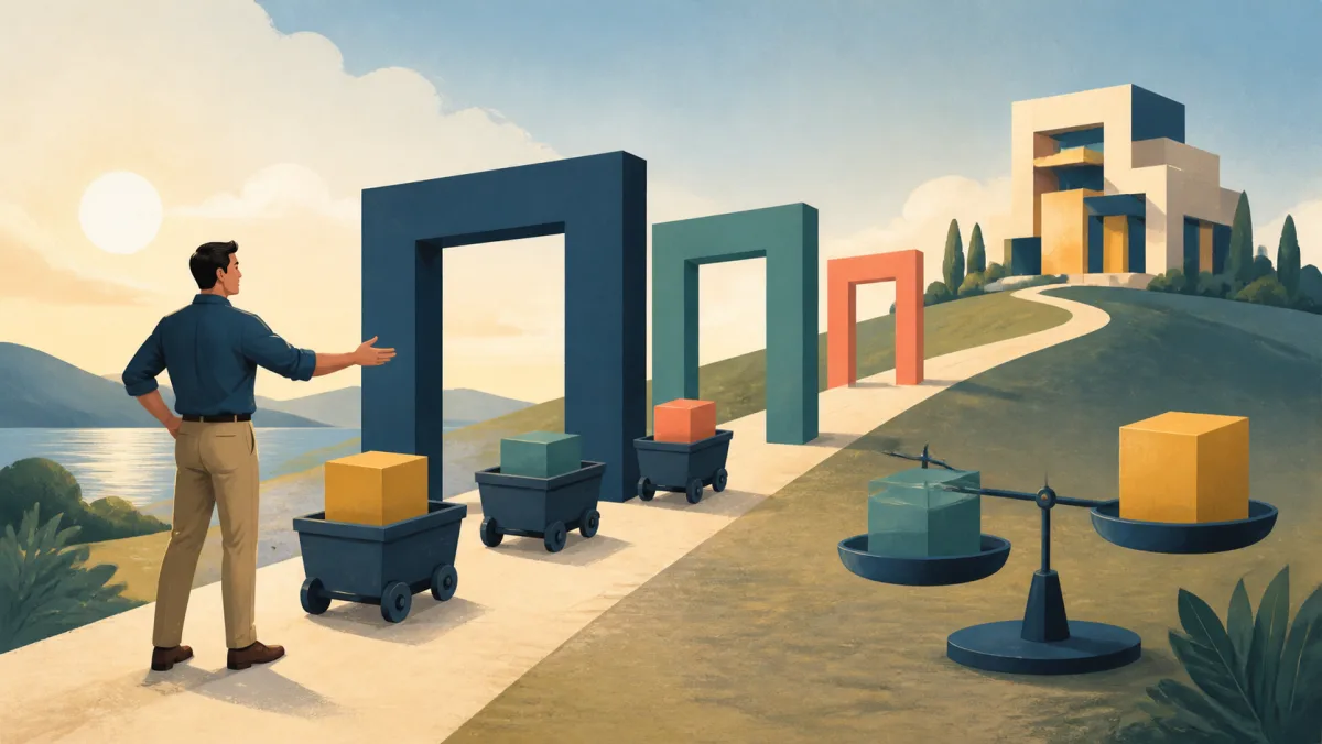 A project manager guides loaded carts through successive gateways toward a completed structure