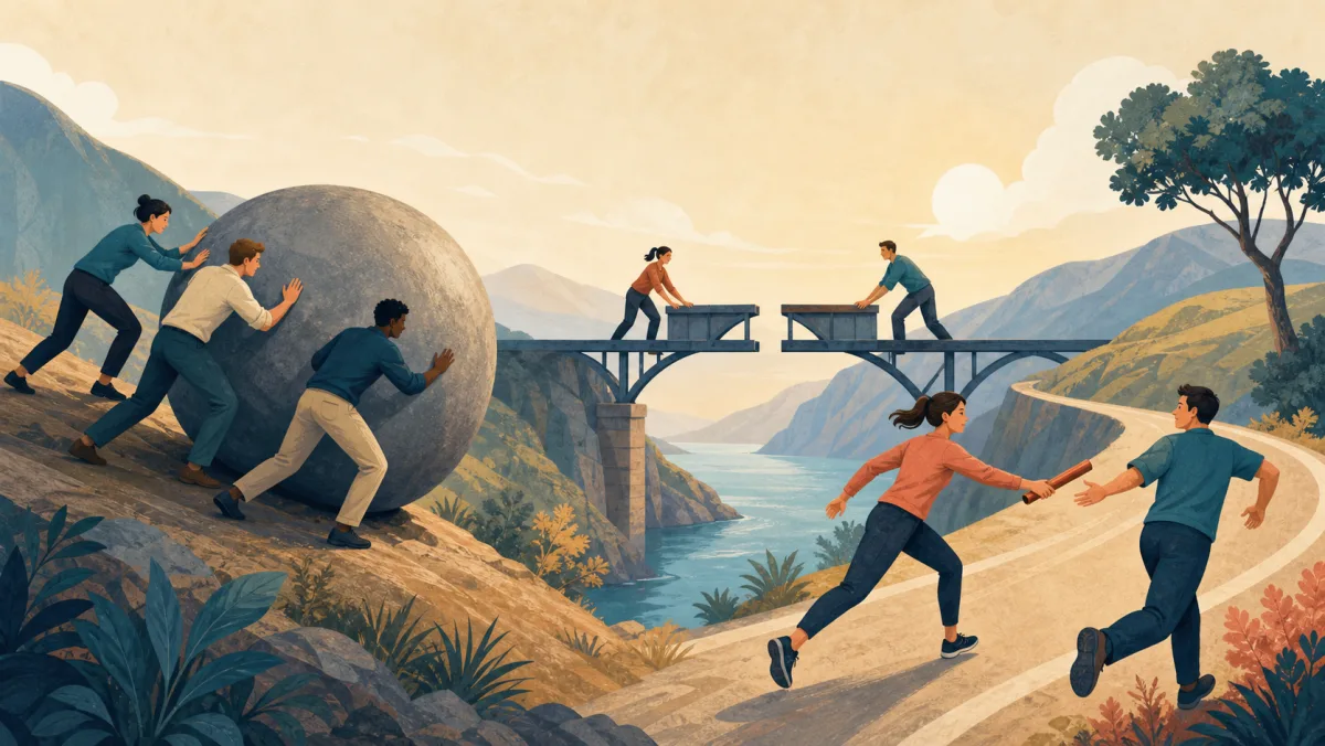 Teams move a boulder, join a bridge, and pass a baton across one landscape