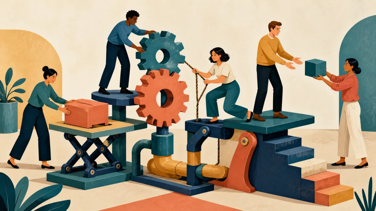 A team operates connected gears, platforms, pipes, and handoff mechanisms