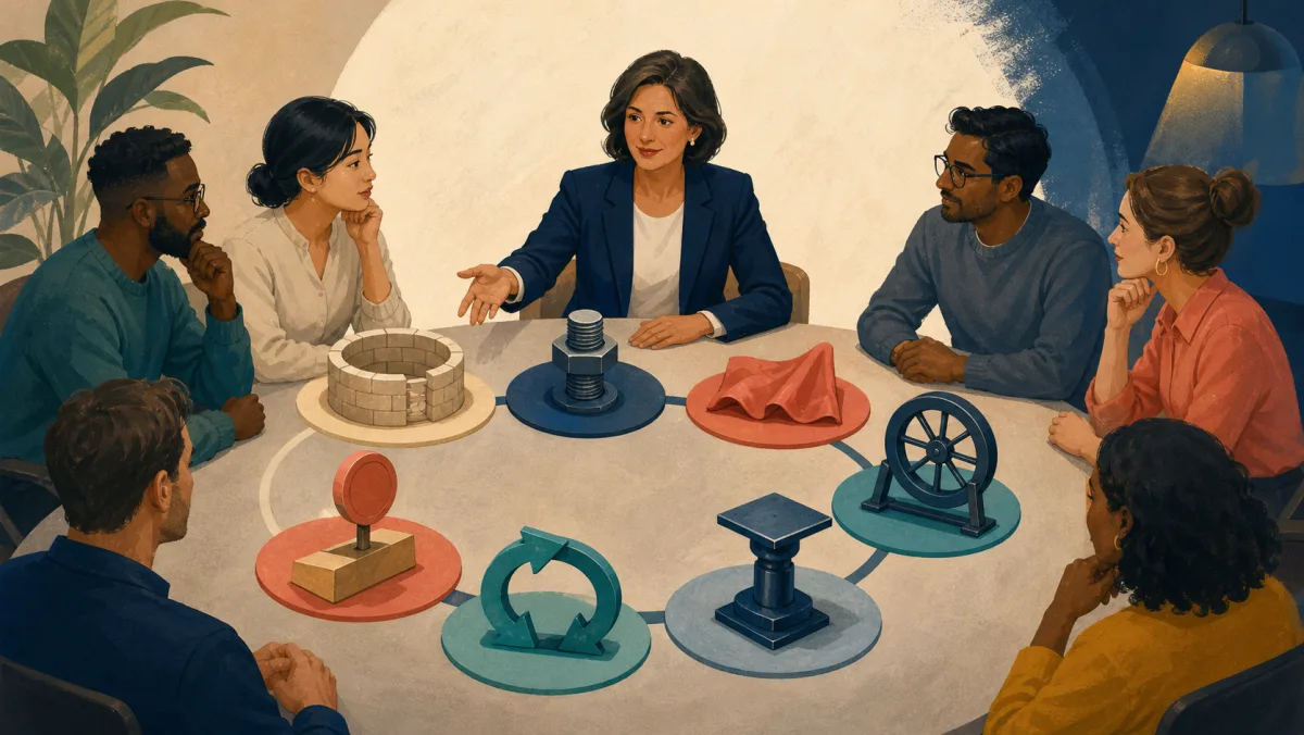 Colleagues arrange meeting concepts as physical objects around a shared table