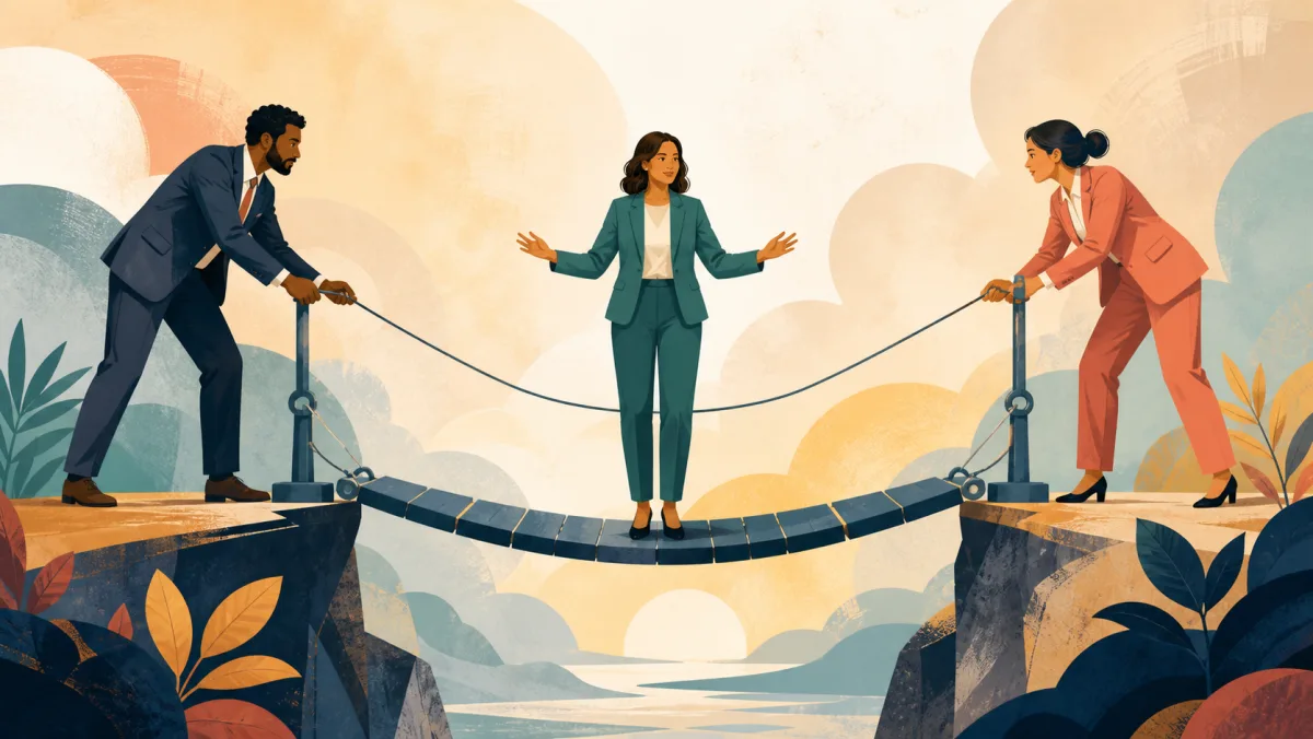 Two professionals meet across a rope bridge while balancing competing interests