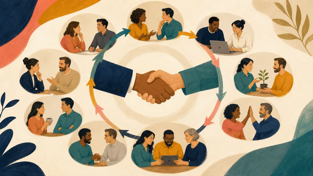 Two colleagues complete a handshake within a loop of supporting team members