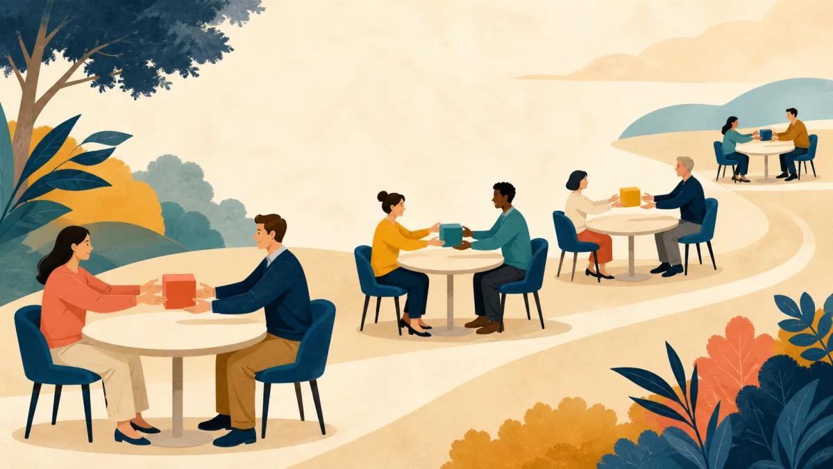 Pairs of colleagues pass colored blocks through a recurring sequence of meeting tables