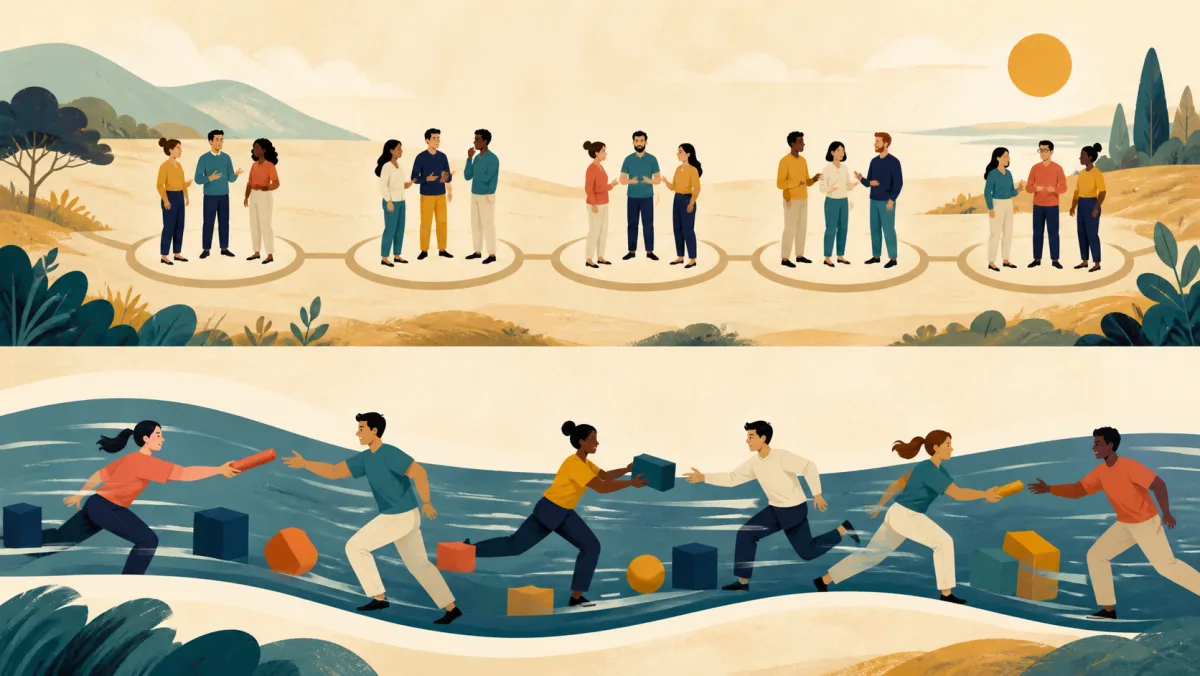 Recurring team circles contrast with fast baton handoffs through a flowing channel