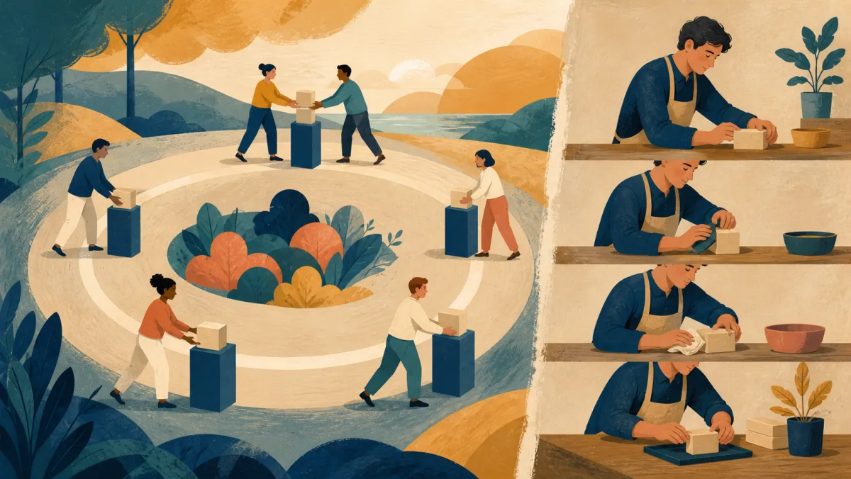 A team passes blocks around a recurring circle beside one person repeating a workbench routine