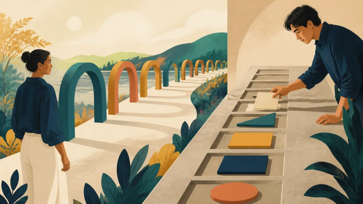 Recurring arches along a path contrast with blank tiles placed into concrete slots