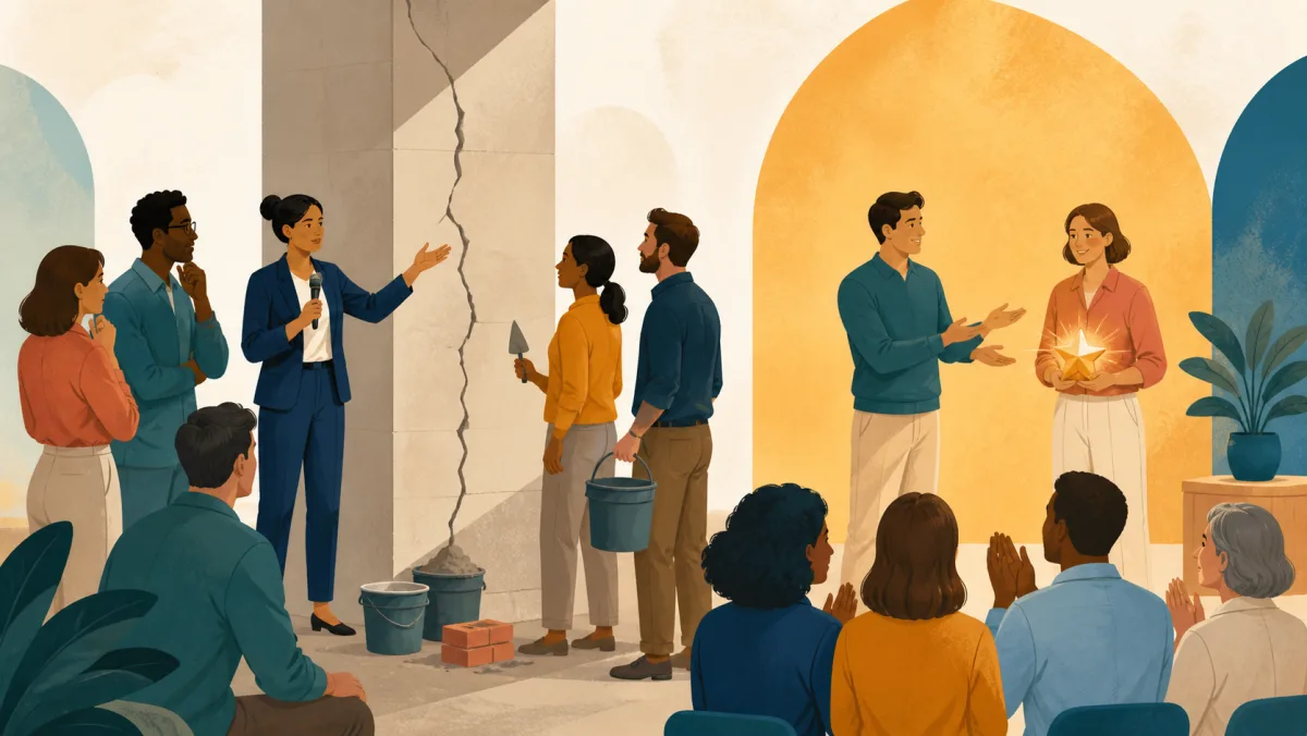 A group examines a shared column issue while a colleague publicly recognizes a teammate
