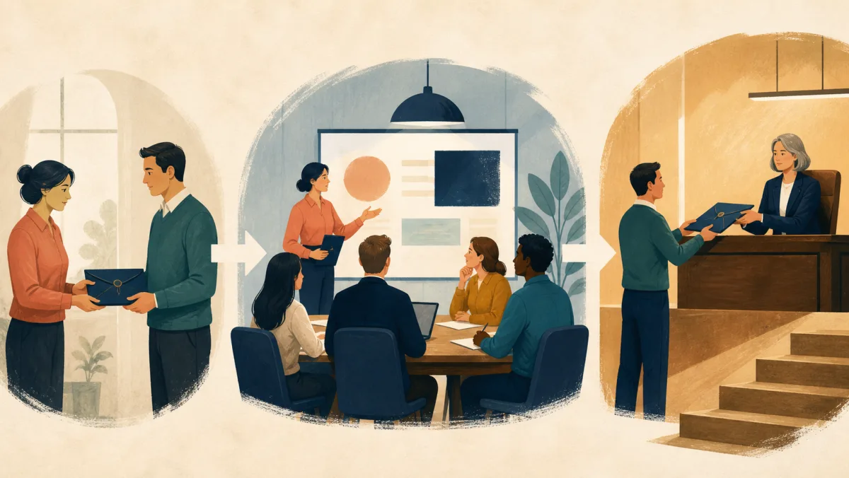 A concern moves from a private handoff to a group presentation and then an elevated decision-maker