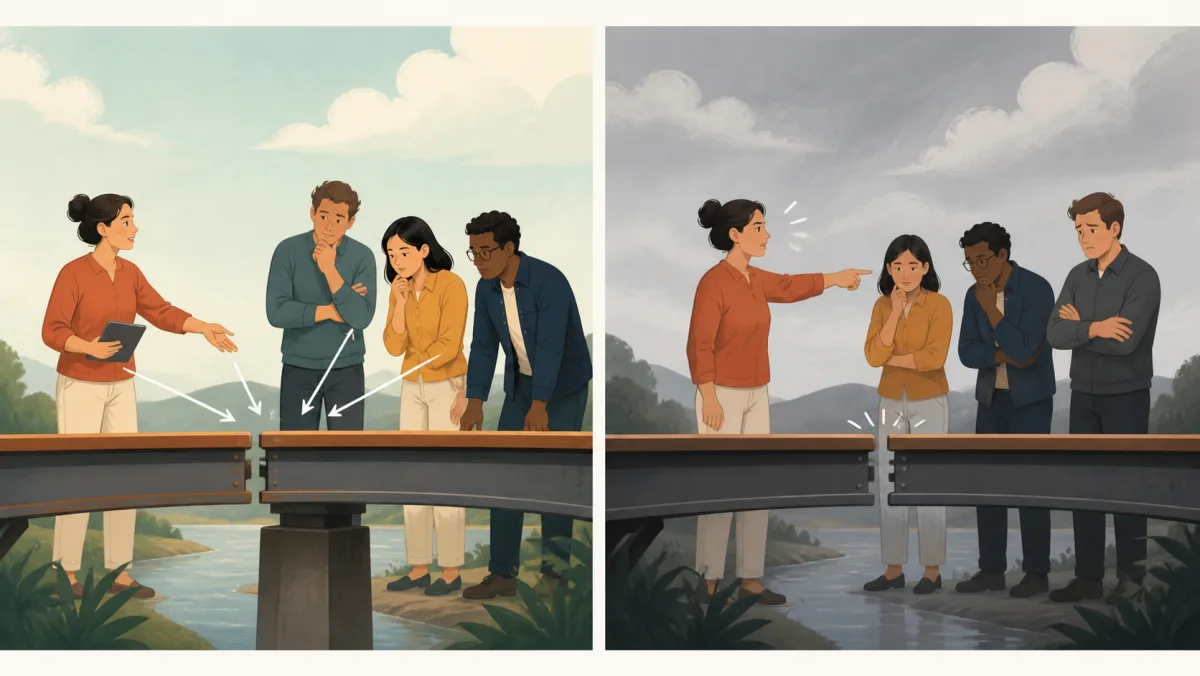 A group focuses on a shared bridge gap while another speaker singles out one colleague