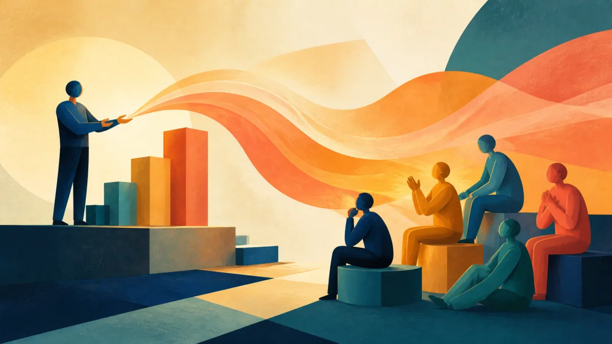 A presenter sends colored waves from rising blocks toward an attentive audience