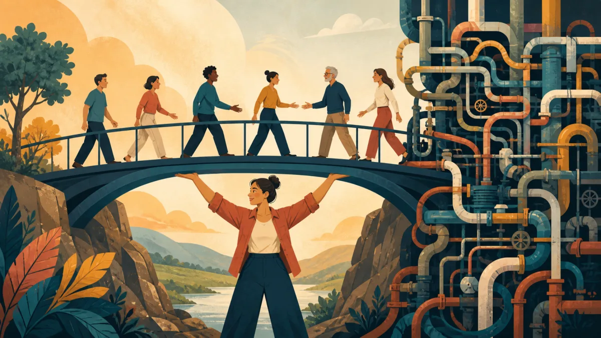 A team crosses a bridge supported by a valued colleague beside a tangle of process pipes