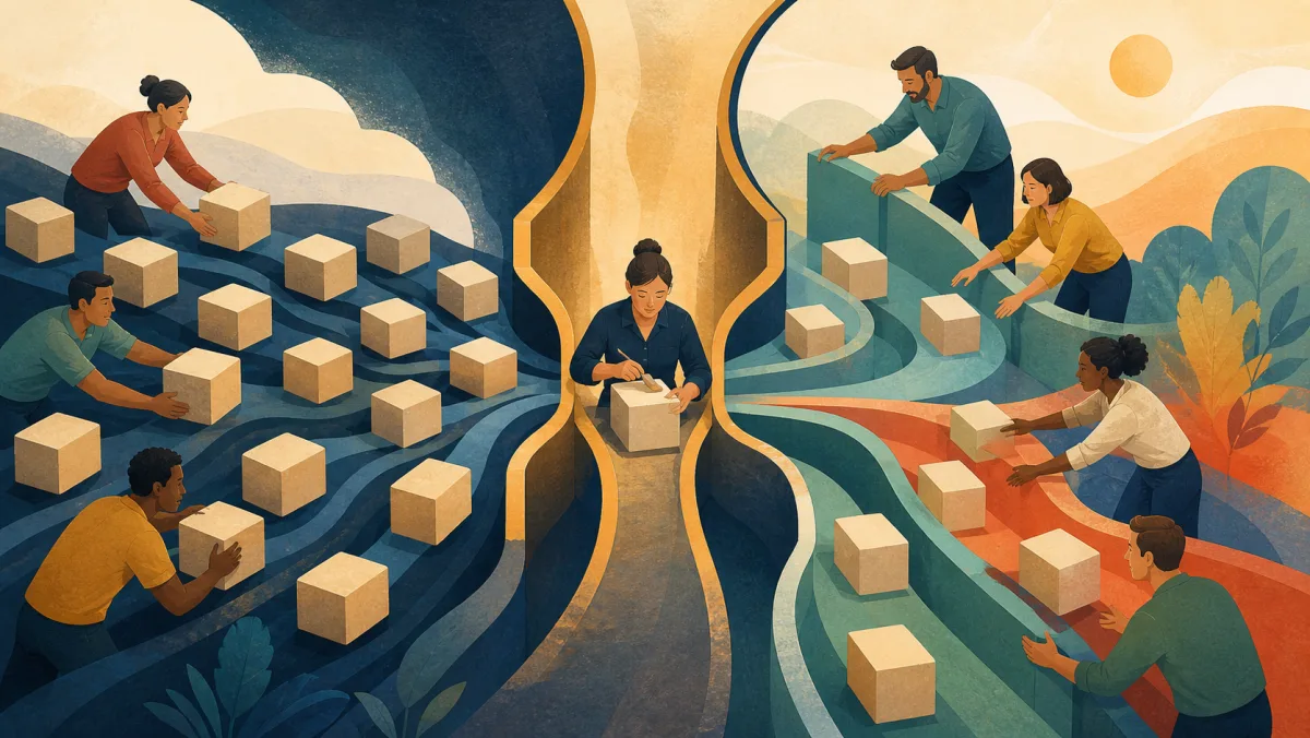 Teams redistribute plain work blocks around a narrow central transfer point