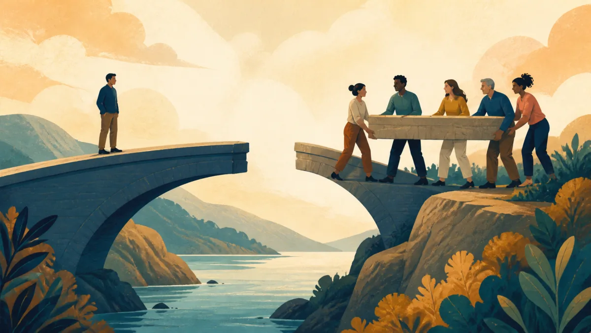 A team carries a missing bridge section toward a colleague waiting across the gap