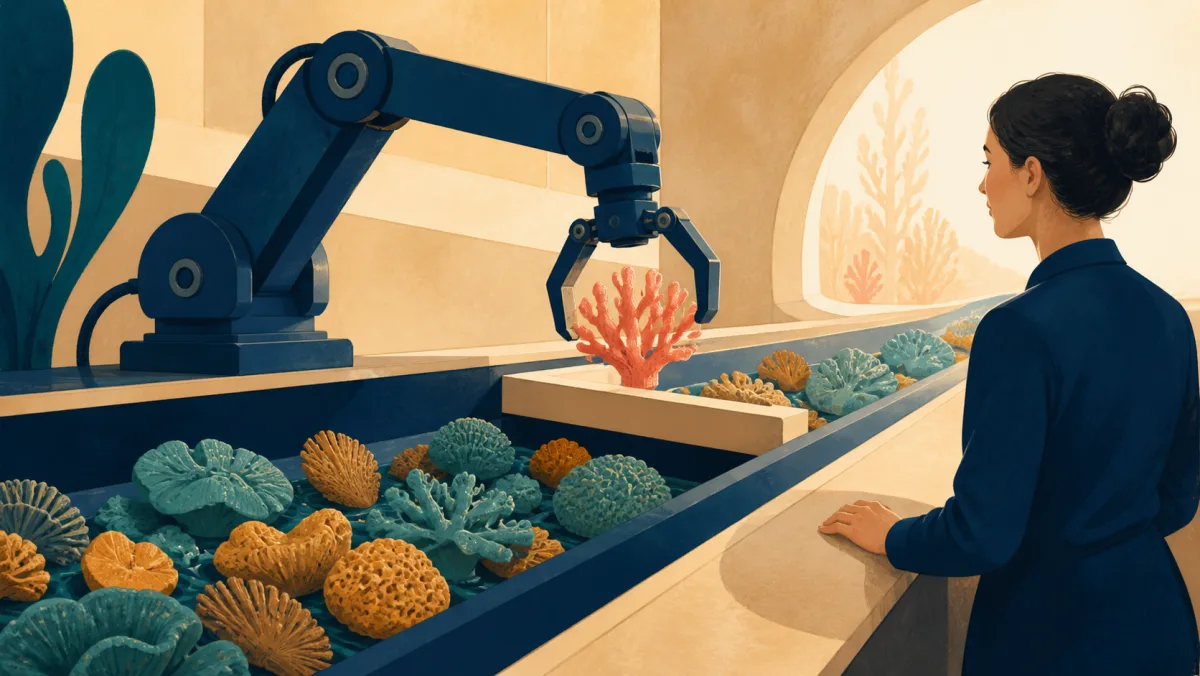 A mechanical sorter lifts one coral object from a stream of varied shapes