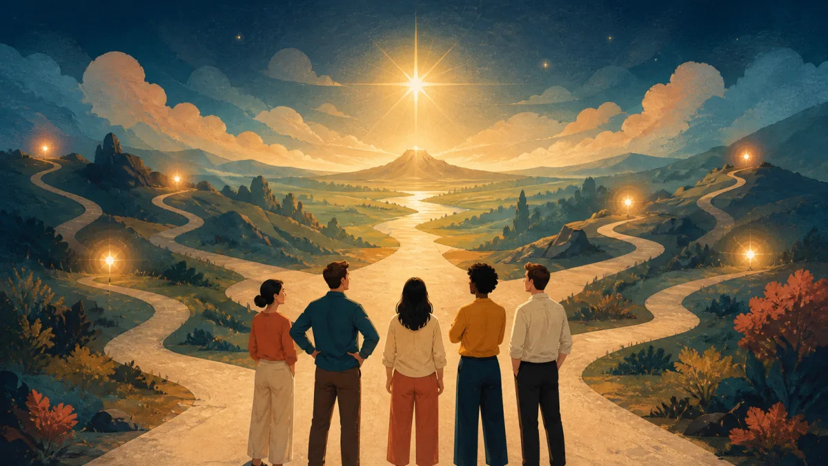 A team faces many side paths and smaller lights beneath one strong guiding star